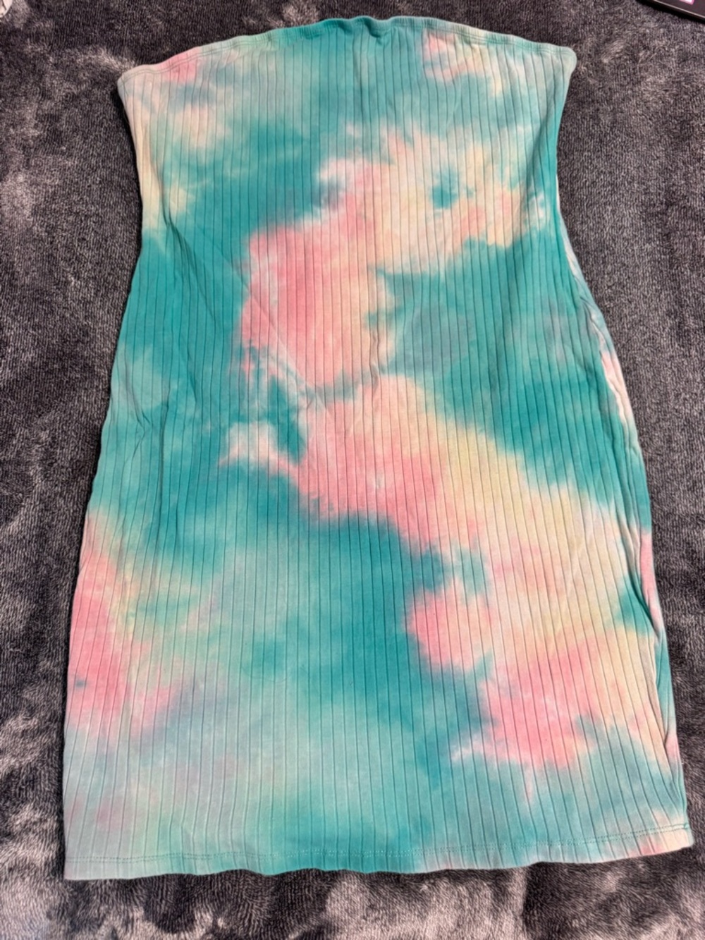 SHEIN Teal Pink Tie-Dye Strapless Ribbed Dress